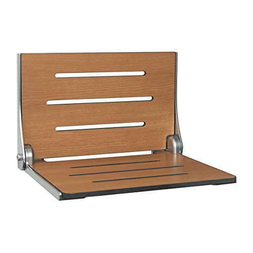 Seachrome SHAF-185155-PTS-S-SL High Back Silhouette Folding Wall Mount Shower Bench, Teak Seat with Silver Frame - color: Teak Seat With Silver Frame