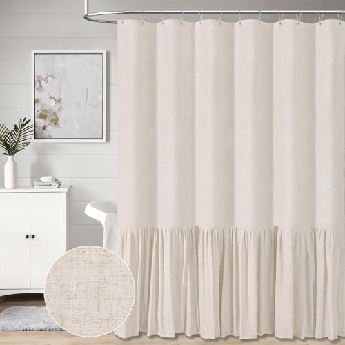 BTTN Stall Linen Ruffle Farmhouse Cloth Shower Curtain, 60x72, Beige/Cream | Ruffle Hem, Heavy Duty Fabric, 10 Hooks, Elegant Drape, Shabby Chic Style, Bathroom Decor, Machine Washable, Easy To Install - color: Beige/Cream, size: 60"W x 72"L (Pack of 1)