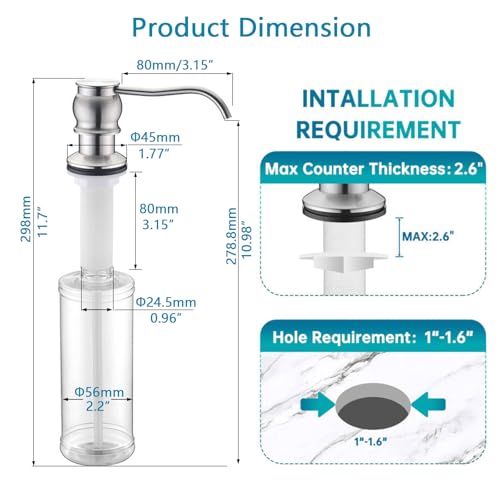 Built in Deck Mount Liquid Lotion Kitchen Countertop Metal Soap Dispenser, Brushed Nickel Brass Dispenser Pump with 500ml (17oz) High Capacity Bottle - color: Brushed Nicke, size: Without Hose