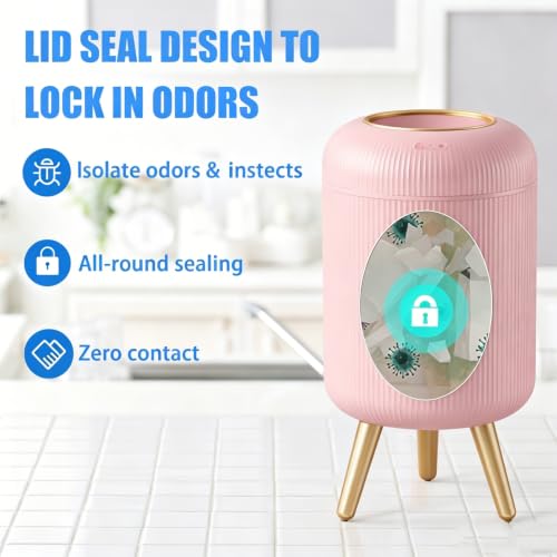 URALFA Automatic Bathroom Trah Can, 3 Gal Motion Sensor Trash Can Touchless | Touchless Sensor Bathroom Garbage Can with Lid, Smart Trash Bin for Bedroom, Office, Restroom, Removable Legs, Pink and Gold - color: Pink, style: Automatic with Legs