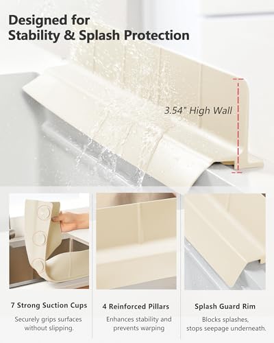 Kitchen Sink Splash Guard 18" 23" 30" Self-Draining Silicone Water Guard with High Splash Wall & Strong Suction Cups for Faucet, Countertop & Sink Edge, Keeps Sinks Dry, Dishwasher Safe,Cream - color: Cream, size: 18" x 3.5"