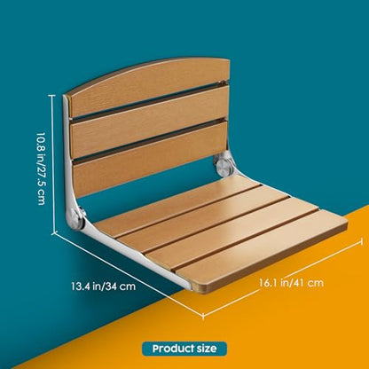 Foldable Shower Chair, 16" Folding Shower Seat Wall Mounted, Brown | Safety Furniture Stainless Steel for Elderly, Fold Down Shower Bench for Inside Shower, Pregnants-Maximum Load 400lb