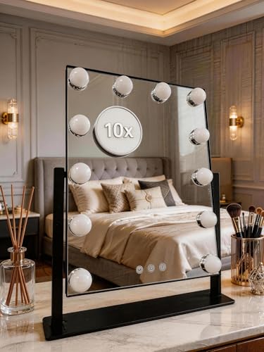 Makeup Vanity Mirror with LED Lights Makeup Mirror Detachable 10X Magnification, Hollywood Make Up Mirror with Lighting, Smart Touch, Rechargeable,360° Rotation, Black 17.12"x13.77" - color: Black, size: 14x17-12 Bulbs