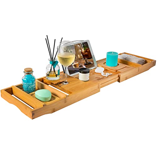 Bathtub Caddy – Natural Bamboo Bathtub Tray with Soap Holder – Durable Anti-Slip Bathtub Caddy Organizer – Extendable Bathroom Tray – Eco-Friendly and Safe Bamboo Organizer Tray