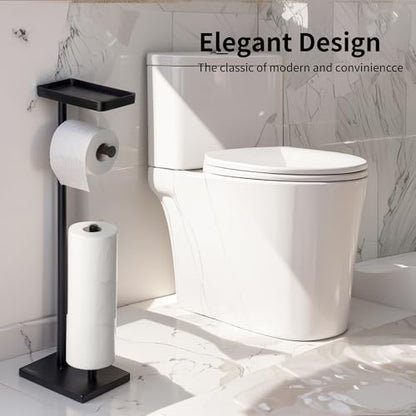 Clasin Home Black Toilet Paper Holder Stand with Metal Top Shelf, Free Standing Bathroom Tissue Roll Holder with Weighted Base and Storage for 4 Rolls - color: Black