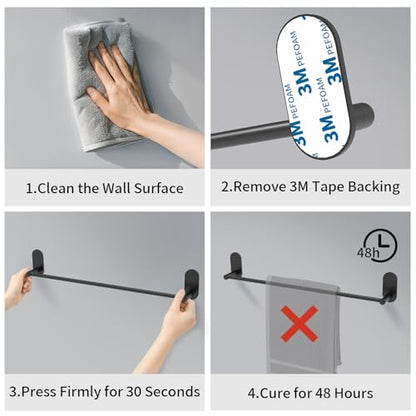 Self Adhesive Towel Bar for Bathroom 24ich Stainless Steel and Zinc Alloy No Drill Towel Rack Heavy Duty Hanger Stick On Hand Towel Holder for Kitchen, Cabinet, Door, Shower, Matte Black - color: Matte Black