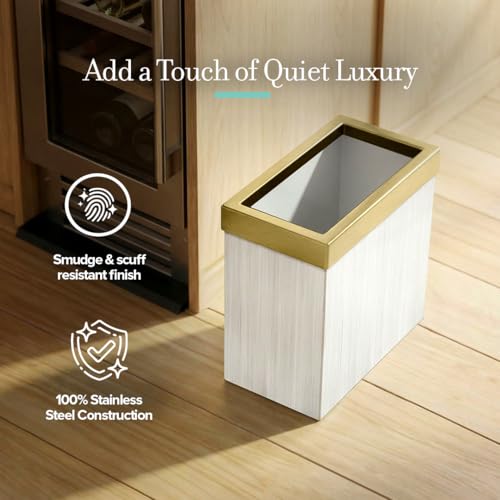 Gatco Modern Rectangle Wastebasket, White Oak/Brushed Brass Lid - Stainless Steel Trash Can with Removable Lid, Leakproof, 3 Gallon Capacity for Bathroom, Bedroom, Kitchen, or Office - color: White Oak / Brushed Brass Lid