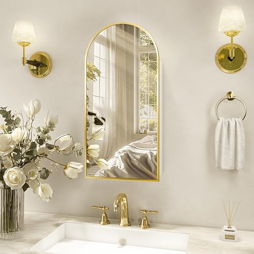 Arched Medicine Cabinet with Mirror Left or Right Opening,Bathroom Medicine Cabinet Wall Mounted,Bathroom Mirror with Storage and Adjustable Shelves,15.7x29.5 Not Recessed,Gold - color: Gold, size: 30"L x 16"W