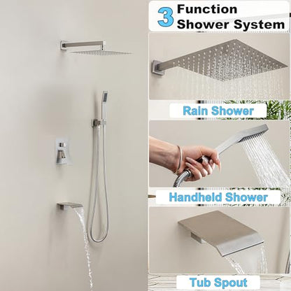 Shower System with 10-Inch Rain Head and Tub Spout | All-Metal Tub Shower Faucet Set, Wall Mounted Rain Showerhead, Handheld Spray, Includes Valve and Trim Kit, Brushed Nickel - color: Brushed Nickel, style: 10"-With Tub Spout