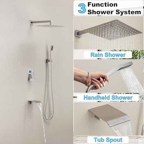 Shower System with 12-Inch Rain Head and Tub Spout | All-Metal Tub Shower Faucet Set, Wall Mounted Rain Showerhead, Handheld Spray, Includes Valve and Trim Kit, Brushed Nickel - color: Brushed Nickel, style: 12"-With Tub Spout