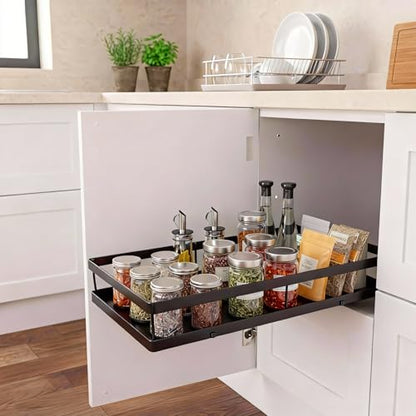 Pull Out Cabinet Organizer, 1-Tier Metal Slide Out Basket | Black metal mesh basket, smooth slide-out rail, no-drill adhesive setup, for frameless kitchen cabinets and pantry storage