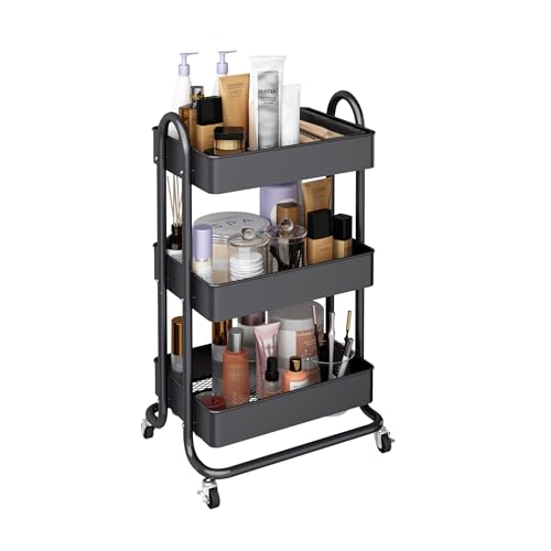 MIOCASA 3-Tier Metal Utility Rolling Cart, Heavy Duty Multifunction Cart with Lockable Casters, Easy to Assemble, Suitable for Office, Bathroom, Kitchen, Garden (Dark Gray, 3-Tier-Metal) - style: Dark Gray