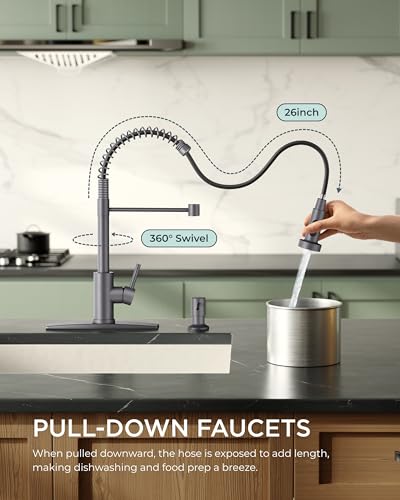FORIOUS Kitchen Sink Faucet, Pull Down Sprayer, Classic High Arc, Grey | Lead-Free Stainless Steel, Single Handle Commercial Spring Kitchen Faucets for Laundry Utility Room, Outdoor Farmhouse Camper - color: Gray