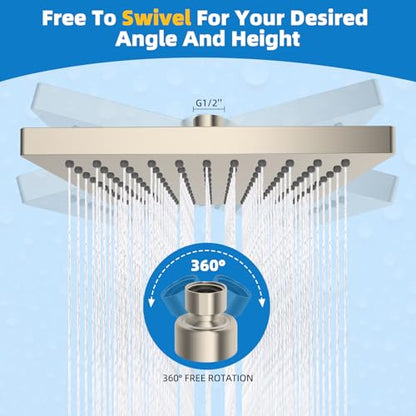 Hibbent cUPC Certified Thickness Metal 8'' Rain Shower Head, Brushed Nickel | High Pressure Shower Head, Bathroom Waterfall Shower Heads, High Flow Fixed Showerheads with Adjustable Brass Ball Joint - color: Brushed Nickel, style: Square 8''
