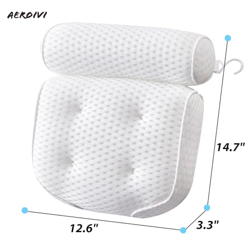 AEROiVi Luxury Bath Pillows for Tub Soft Mesh Strong 6 Suction Cups White | Bath Pillow with laundry bag head and neck support Relaxing Bath Washable Quick-Dry Bath Accessories Spa Gifts - color: White