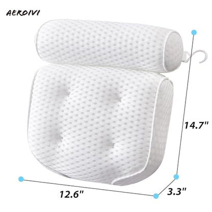 AEROiVi Luxury Bath Pillows for Tub Soft Mesh Strong 6 Suction Cups White | Bath Pillow with laundry bag head and neck support Relaxing Bath Washable Quick-Dry Bath Accessories Spa Gifts - color: White