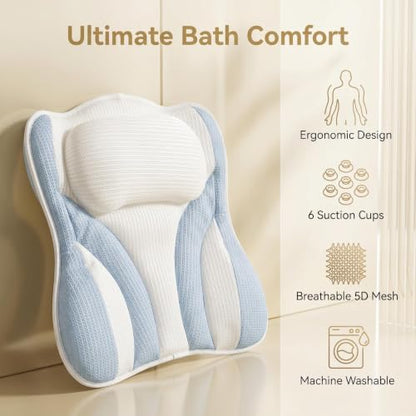 Bath Bathtub Pillow Spa Pillows for Tub 5D Mesh Suction Cups Head Neck Back Support Relaxing Bathing Lovers Gifts.(Blue White)