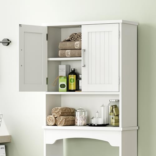 Over The Toilet Storage Cabinet, Double Door Over Toilet Bathroom Organizer, Space-Saving & Open Shelf & Anti-Tip Device, White