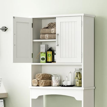 Over The Toilet Storage Cabinet, Double Door Over Toilet Bathroom Organizer, Space-Saving & Open Shelf & Anti-Tip Device, White