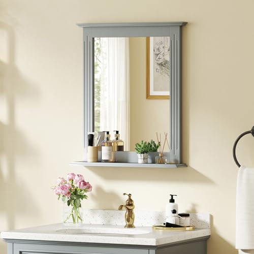 CHARMAID Bathroom Mirror with Shelf - 27" x 22.5" Wall Mirror Over Bathroom Sink, Wooden Frame Modern Rectangular Hanging Vanity Makeup Mirrors for Washroom, Entryway (Gray,27" L x 22.5" W) - color: Grey