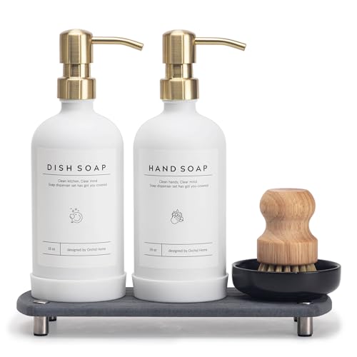 [Luxury] Kitchen Soap Dispenser Set - 16OZ White Glass Bottle, Stainless Steel Pump, Instant Dry Tray, Waterproof Labels, Non-Slip Silicone Pad, and Dish Brush | Upgrade for Your Kitchen and Bathroom - color: White Bottle + Gold Pump