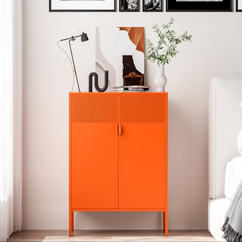 Washsemba 2 Mesh Door Metal Cabinet with Adjustable Shelves, Multipurpose Orange Storage Cabinet, 3-Tier,Metal Storage Cabinet for Office Home,Hallway(Orange, 47''H) - color: Orange, size: 47''H