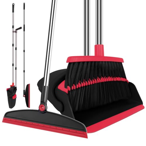 Broom and Dustpan Combo Set, 51" Long Handle with Silicone Squeegee | Wet & Dry Cleaning for Pet Areas, Built-in Comb Dustpan, Foldable Space-Saving Storage, Multi-Surface Floor Cleaning - color: Red