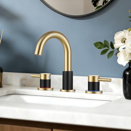 FGKQ 3-Hole 2-Handle Widespread Bathroom Sink Faucet, Black and Gold | Stainless steel, pop-up drain included, 360°swivel spout, for vanity sink 3-hole mount, 8-in widespread - color: 2-Brushed Gold & Black