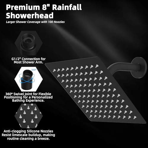 Hibbent All Metal 8 Inch Shower Head, High Pressure Stainless Steel Rain Showerheads, Bathroom Rainfall Showerhead with Ultra-thin Design, Adjustable Brass Ball Joint, Silicone Nozzles, Matte Black - color: Matte Black, size: 8 Inch