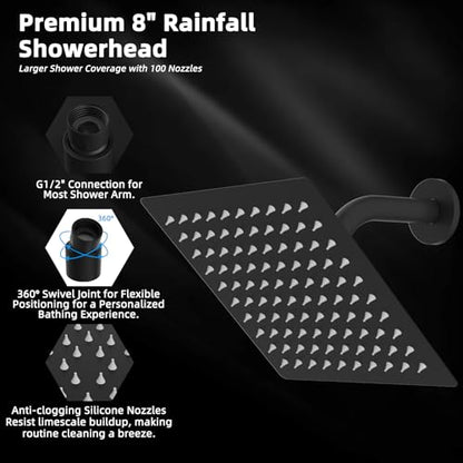Hibbent All Metal 8 Inch Shower Head, High Pressure Stainless Steel Rain Showerheads, Bathroom Rainfall Showerhead with Ultra-thin Design, Adjustable Brass Ball Joint, Silicone Nozzles, Matte Black - color: Matte Black, size: 8 Inch