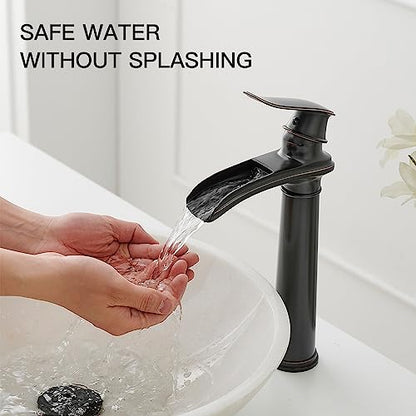 BWE Bathroom Vessel Sink Faucet Waterfall Spout Single Handle One Hole | Oil Rubbed Bronze Tall Vessel Lavatory Vanity Bathroom Faucet with Pop Up Drain and Supply Hose,Solid Brass,Deck Mount - color: Oil Rubbed Bronze, size: 11.81 inch Vessel Version