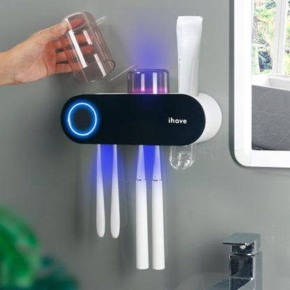 iHave UV Toothbrush Sanitizer Holder Wall Mount Toothpaste Dispenser, 2-Cup | Auto-Cycle Disinfection Toothbrush Holders for Bathrooms with UV Toothbrush Sanitizer & Toothpaste Dispenser, Breathing Light - color: Uv Black 2 Cups