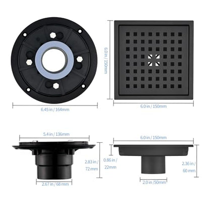 6 Inch Square Shower Drain with Flange,Matte Black，Quadrato Pattern Grate Removable,Food-Grade SUS 304 Stainless Steel，with Hair Strainer - color: 6-inch Matte Black