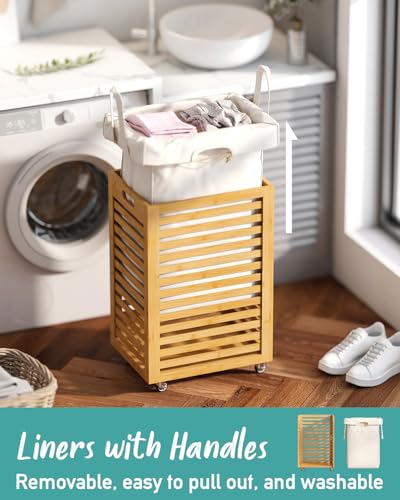 Laundry Hamper, 22.7 Gallon (86L) Bamboo Wood Clothes Laundry Basket with Wheels and Handles, Removable Liner - color: Natural