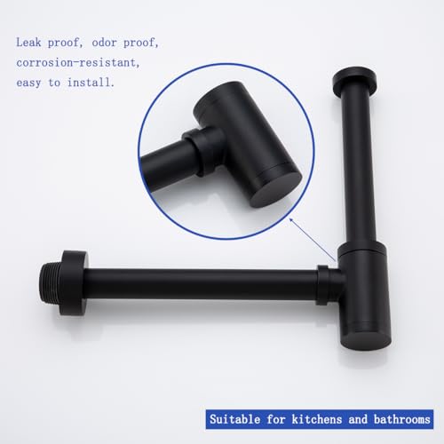 Contemporary Solid Brass Bottle P Trap Round 1 1/4 With 11.81 inch Slip Joint Extension Tube Basin Sink Waste Drain P Trap For Kit,Matte Black. - color: T03-Matte Black