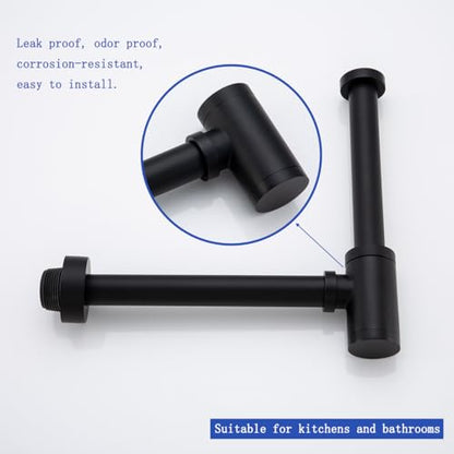 Contemporary Solid Brass Bottle P Trap Round 1 1/4 With 11.81 inch Slip Joint Extension Tube Basin Sink Waste Drain P Trap For Kit,Matte Black. - color: T03-Matte Black