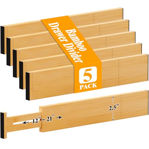 Bamboo Drawer Dividers, 12-21 Inch Kitchen Adjustable Drawer Organizers | Expandable Dresser Separators for Clothes, Ideal for Kitchen, Bathroom, Vanity, Office Organization and Storage, 5-Pack - color: Bamboo-5 Pack