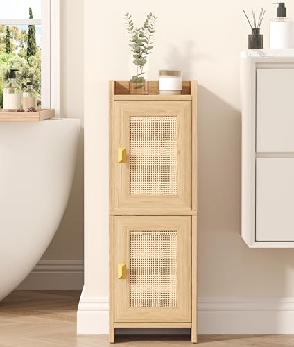 Akxomel Rattan Small Bathroom Cabinet Narrow Toilet Paper Organizer Oak | 7.9''D x 9.8''W Bathroom Organizer and Storage Cabinet for Small Space, Slim Corner Unit with Adjustable Shelf - color: Natural Oak, size: 7.9''D x 9.8''W x 27.6''H