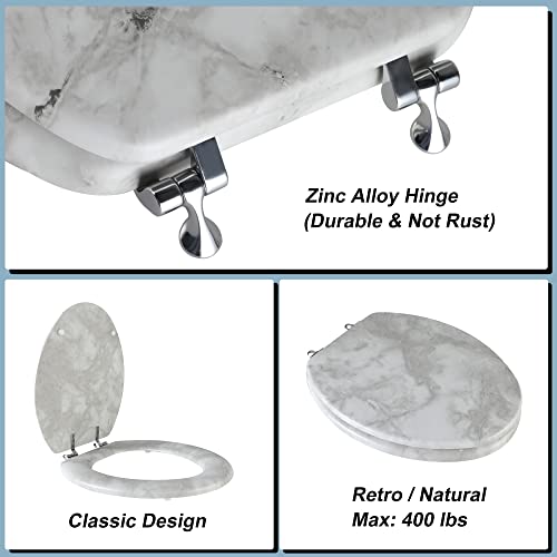Angol Shiold Elongated Marble Toilet Seat with Zinc Alloy Hinges, Easy to Install and Clean, Anti-pinch (Gray) - color: Grey Marble, size: Elongated-18.5”