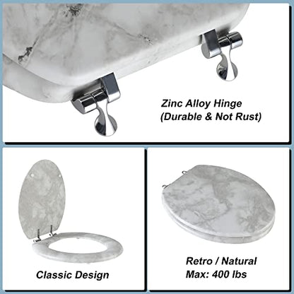 Angol Shiold Elongated Marble Toilet Seat with Zinc Alloy Hinges, Easy to Install and Clean, Anti-pinch (Gray) - color: Grey Marble, size: Elongated-18.5”