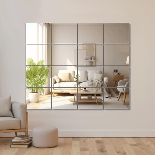 Frameless Mirror Tiles 12"x10"x16 Pcs Wall Mounted | Shatter Resistant, Full Length, Tempered Glass Panels, For Home Gym Bathroom Bedroom & Living Room Decor - size: 12''x10''-16PCS