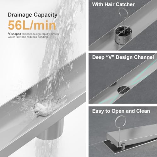 Linear Shower Drain - 48 Inch Brushed Nickel, with Tile Insert Panels | AISI 304 Stainless Steel Shower Drain with Adjustable Feet, Hair Catcher, Rectangle Shower Floor Drain Fits Bathroom, Balcony - color: Brushed Nickel, size: 48 Inch