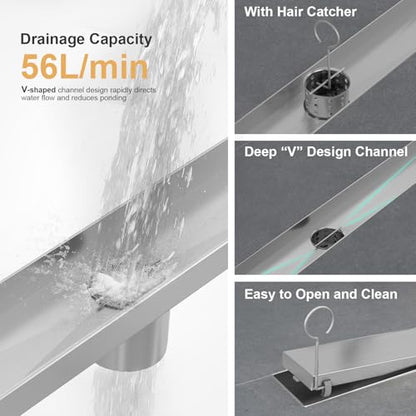 Linear Shower Drain - 48 Inch Brushed Nickel, with Tile Insert Panels | AISI 304 Stainless Steel Shower Drain with Adjustable Feet, Hair Catcher, Rectangle Shower Floor Drain Fits Bathroom, Balcony - color: Brushed Nickel, size: 48 Inch