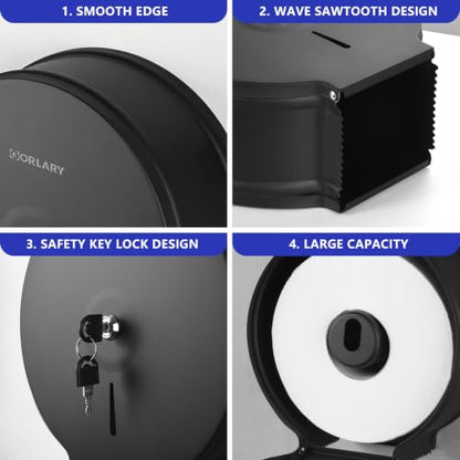 Gorlary Commercial Jumbo Toilet Paper Dispenser with Lock, Matte Black | Wall Mount Stainless Steel Roll Holder, 9 inch Commercial Toilet Paper Roll Holder for Bathroom Office Restaurant - color: Black-without Shelf