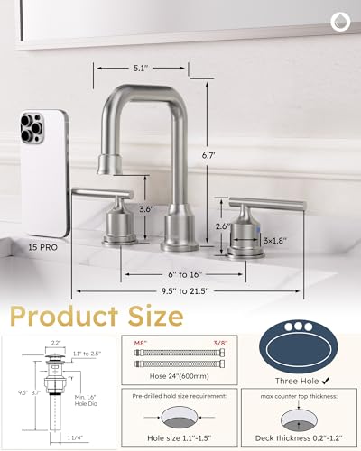 WOWOW Brushed Nickel Bathroom Faucet 3 Hole, Widespread Vanity Sink Faucets | Copper Inlet 8 Inch Faucet for Bathroom Sink with Swivel Spout, Two Handles Lavatory Tap with Drain and cUPC Supply Line - color: Brushed Nickel, style: Upgrade-8 Inch