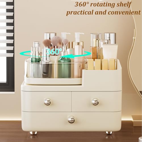 Makeup Organizer with Drawers and 360° Rotating Brush Holder,make up organizers for counter,Large Capacity Cosmetic Storage for Vanity,Skincare,Perfume