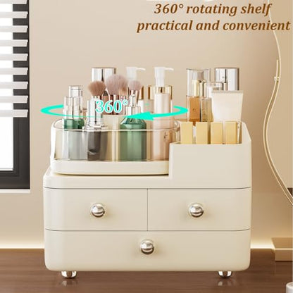 Makeup Organizer with Drawers and 360° Rotating Brush Holder,make up organizers for counter,Large Capacity Cosmetic Storage for Vanity,Skincare,Perfume