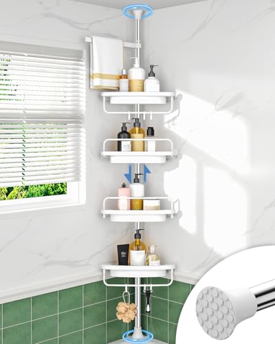 ALLZONE Corner Shower Caddy Tension Pole, Extendable Rustproof Stainless Steel Pole & 4-Tier Adjustable Shelves for Easy Drainage and Built-to-Last Stability, 34 to 116 Inches, White - color: White