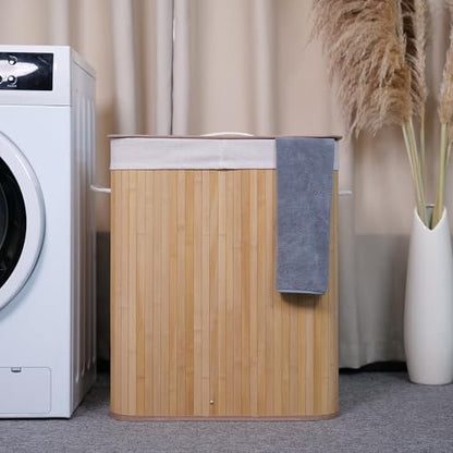 GarveeHome Folding Bamboo Laundry Hamper with Lid, 28 Gal / 106L Wooden Laundry Basket with Washable Liner Bag, Slim Clothes Storage Hamper for Small Bedrooms Apartments Dorms, Natural - color: Carbonized - Rectangle