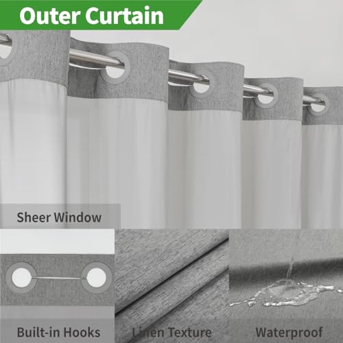 eachope No Hooks Needed Linen Textured Shower Curtain with Snap-in Fabric Liner Set,Grey Hotel Luxury Decor Shower Curtains for Bathroom,Waterproof & Washable,71Wx77H | 230GSM Thick Fabric,Hotel Luxury Decor,Mesh Top Window,Magnetic Weighted Hem,Waterproo